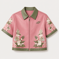 Blouson de moto en cuir tissé matelassé à imprimé floral rose pour femme, manches courtes, fermeture éclair, col contrastant, coupe courte, automne-hiver