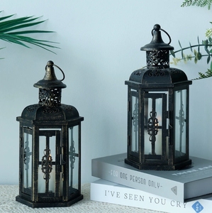 Lanterne à bougie en métal vintage, style marocain, noir antique, porte-bougie de table, lanterne décorative suspendue, ensemble pour la décoration de la maison - Product Image 3