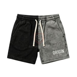 Shorts en jean délavé noir et gris, coupe décontractée, en coton épais respirant, style rétro pour homme - Product Image 1