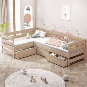 Letto a piattaforma a L naturale per bambini, con tre cassetti contenitore, misura Twin - Product Image 1