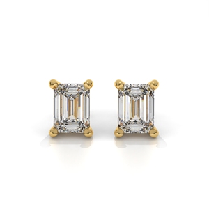 Lab Grown <b>Emerald</b> Cut Solitaire Diamond <b>Stud</b> Earrings in Yellow Gold | Classic Four Prong Minimalist Diamond Earrings for Women - Product Image 1