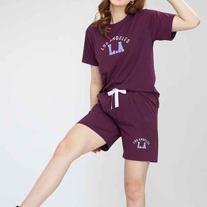Conjunto de 2 Piezas para Mujer, Color Morado, Estampado con la Letra L.A. de Los Ángeles, Shorts Casuales, Cuello Redondo, Manga Corta, Corte Holgado, Ropa de Primavera/Verano - Product Image 5