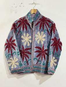 Grey <b>Velvet</b> Cotton Suzani Embroidered Jacket <b>Women</b> Handmade Tropical Palm Floral Boho Ethnic Fashion <b>Coat</b> Wholesale - Product Image 1