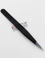 Pince à épiler professionnelle GETUP BROSONS IMPEX en acier inoxydable, fine et droite, avec pointe plasma arc-en-ciel et revêtement noir en poudre