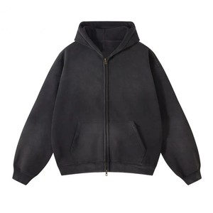 Sweat à capuche unisexe gris uni décontracté à fermeture éclair, manches longues avec poches, style streetwear, effet délavé, le plus vendu, ODM - Product Image 4