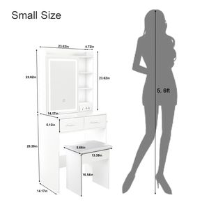 <b>Space</b>-Saving White Makeup Vanity <b>Desk</b> with Adjustable LED Lights Includes Padded Stool Hidden Storage Shelf for <b>Small</b> Bedrooms - Product Image 3
