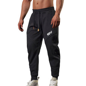 Men's Black Sweatpants Elastic Waist Drawstring Casual <b>Joggers</b> With Custom Logo Right Leg Polyester Cotton Blend Sweatpants - Product Image 1