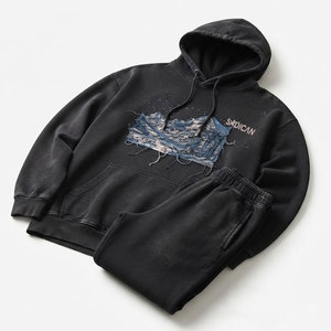 New Arrival Heavyweight Distressed <b>Embroidery</b> <b>Set</b> Men Pullover Hoodie And Jogger Pants Casual Streetwear Two Piece Outfit - Product Image 1