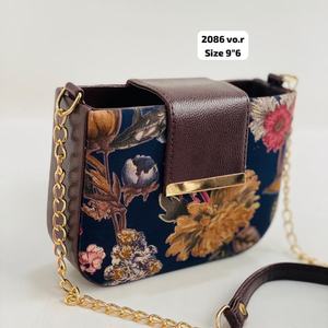 Navy Floral Print Mini Crossbody <b>Bag</b> with Flap <b>Gold</b> Chain Strap Vintage Modern Soft Women Shoulder Purse Export Ready - Product Image 1