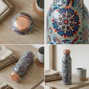 Botella de Agua Artesanal de Cobre Puro con Vibrante Mandala y Arte Floral Esmaltado Meena – Bienestar Ayurvédico a Prueba de Fugas - Product Image 5