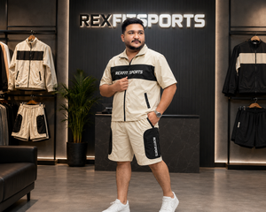 REXFIT SPORTS 2026 Ensemble de survêtement personnalisé pour homme en nylon beige à manches courtes, veste zippée intégrale et short, vêtements de sport sur mesure - Product Image 2