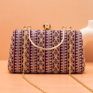 Wine Based White And Golden Threadwork <b>Clutch</b> Elegant Floral Handbag for <b>Wedding</b> and Party Occasions - Product Image 1