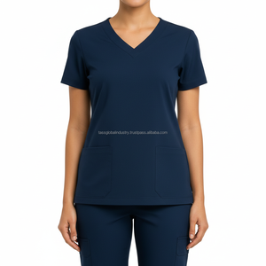 Women's <b>Nurse</b> Uniform Set Navy Contrast Piping Button Front <b>Tunic</b> Pants Hospital Medical Workwear Custom OEM Wholesale - Product Image 5