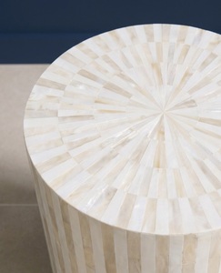 Modern Bone Inlay <b>Bedside</b> <b>Round</b> Nightstand Beige Handmade Wood Top Accent <b>Table</b> for Bedroom Decor - Product Image 4