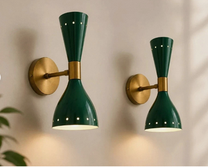 Modern Green Brass Wall <b>Sconce</b> <b>Light</b> Fixture Mid Century Lamp Set Of 2 Pair - Product Image 1