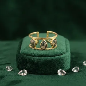 Anillo Ajustable de Moda para Mujer con Gema Natural de Ágata Musgosa en Forma de Pera, Chapado en Oro de 18k, Latón Antideslustre, Joyería Más Vendida - Product Image 1