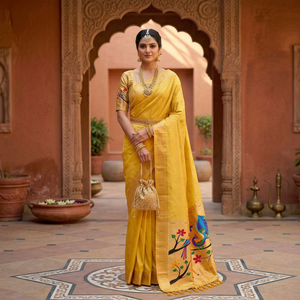 Sari en soie jaune avec broderies de paons et de fleurs pour femmes, tenue de mariage traditionnelle, style indien - Product Image 1