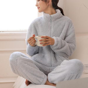 Ensemble de pyjama en polaire pour femme, manches longues, couleur unie, longueur intégrale, col montant, fermeture éclair, vêtements de nuit confortables pour l'hiver, tricot doux 100% - Product Image 4
