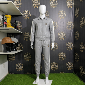 Ensemble de survêtement sportif en cuir PU gris pour femme, coupe droite, manches longues, boutons sur le devant, style décontracté automne - Product Image 2