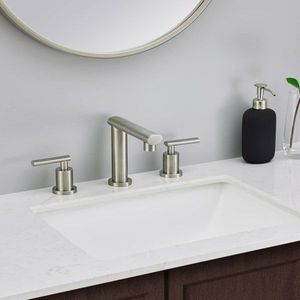 Rubinetto Moderno a 2 Maniglie per Bagno, Finitura Nichel Spazzolato, Stile Cascata, per Lavabo a 3 Fori - Product Image 6