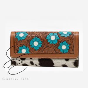 Western Style Tooled Leather <b>Wallet</b> for Women Floral Embossed Turquoise Design Cowhide Hair-on Hide Long Clutch Cowgirl <b>Wallet</b> - Product Image 2