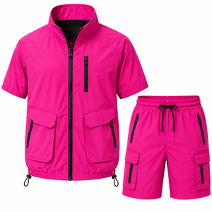 Grace Collection Men's Pink Short Sleeve Jacket Shorts Set Solid Color Quick Dry Hooded Collar Streetwear Winter Wear 100% - Product Image 6