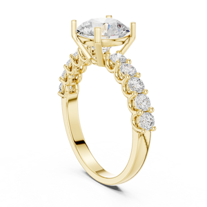 Bague de fiançailles solitaire en or jaune avec diamant de laboratoire rond et bande pavée, bague de mariage pour femme - Product Image 4