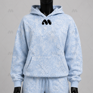 Conjunto de Sudadera con Capucha y Pantalones Cortos Azul Claro con Lavado Ácido, Ecológico, con Patrón de Cruz Bordado, Chándal Casual de Dos Piezas para Invierno - Product Image 4