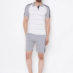 Men's Striped <b>Polo</b> T-Shirt Set Gray <b>White</b> Breathable Knitted Casual Summer Sportswear Shorts Set - Product Image 4