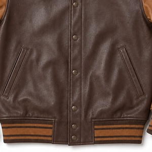 University Men'<b>s</b> Brown Leather Varsity <b>Jacket</b> With Ribbed Collar And Cuffs Regular Fit Casual Autumn Wear Genuine Leather - Product Image 5