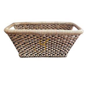 Vintage Asian Tapered <b>Rectangular</b> Water Hyacinth and Rattan Hand Woven Strorage <b>Basket</b> - Product Image 3