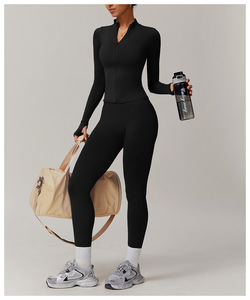 <b>Women</b> Solid Yoga Set High Waist <b>Leggings</b> <b>Crop</b> Top Seamless Spandex Polyester 2 Piece Workout Wear Quarter Zip Full Length - Product Image 4