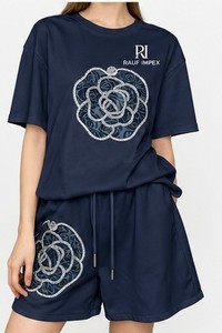 Ensemble de t-shirts pour femmes en spandex rose ample et respirant, manches courtes, col rond, imprimé, tricoté, tenue décontractée d'été - Product Image 2