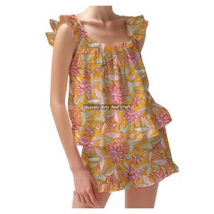 Luxury Shorts Pajama Set Premium Cotton Block Print Spring/Summer Floral Fitted Strappy Ruffle <b>Trim</b> Sleeves PJ Set - Product Image 3