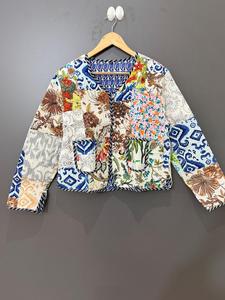 Women Reversible <b>Quilted</b> Cotton <b>Jacket</b> Floral Kantha <b>Pattern</b> Bomber Coat Short Sleeve Winter Summer - Product Image 1