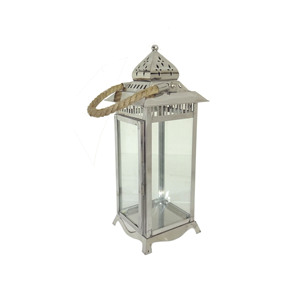 Lanterne à bougie hexagonale en fer finition argentée, petite, avec découpe étoilée perforée, cadre métallique, toit pyramidal, cylindrique - Product Image 1