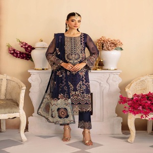 <b>Eid</b> <b>Dresses</b> Heavy Party <b>Dresses</b> for Women with Embroidered Organza Three Piece Punjabi Suits by Ramsha Vol M-12 Long Maxi Frock - Product Image 5