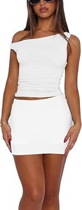 Conjunto de Top Corto Asimétrico Blanco de un Solo Hombro y Minifalda, Color Sólido, Ropa Sexy para Club, Atuendo de Verano para Mujer - Product Image 3