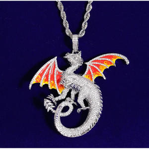 Designer Dragon Pendant with VVS Moissanite Diamonds and Color Flame Wings Hip Hop Jewelry - Product Image 1
