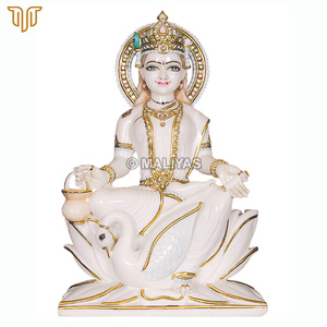 White Marble Saraswati Mata Statue with Swan | Handcrafted Goddess of Knowledge Idol by MALIYAS Jaipur - Product Image 2