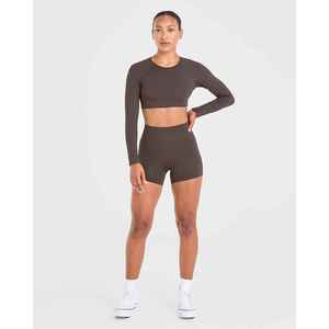 Haut court marron à manches longues pour femme, col rond, couleur unie, pull respirant, haut de sport - Product Image 4
