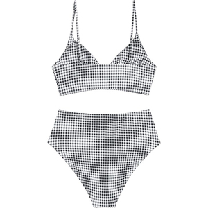 Conjunto de bikini a cuadros para mujer, top halter cruzado, parte inferior de cintura alta, traje de baño de dos piezas, tela elástica - Product Image 5