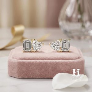 Luxury Mixed-Shape <b>Stud</b> Earrings, Heart and <b>Emerald</b> Cut Diamond Cluster Earrings, 14K Gold Minimalist Fine Jewelry for Women - Product Image 4