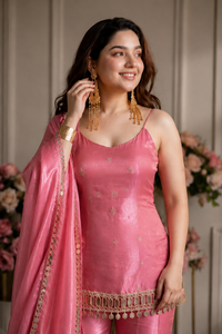 Ensemble Salwar Kameez Punjabi brodé rose avec dupatta à motifs miroir, tenue ethnique indienne traditionnelle - Product Image 4