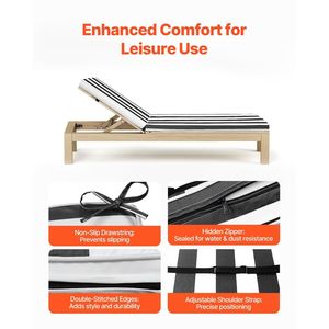 Set 2 sedie a sdraio da esterno cuscini 74X22X3 \ "Waterproof slounge pad cravatte strisce bianche nere per Patio piscina ponte - Product Image 5