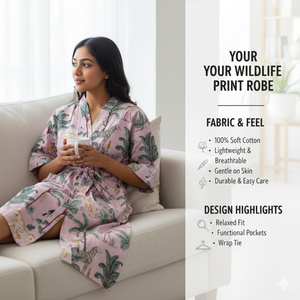 ชุดกิโมโนผ้าฝ้ายพิมพ์ลายป่าสีชมพูแปลกตาสำหรับผู้หญิง คอวี แขนยาว ความยาวเต็มตัว มีเชือกผูกเอว ชุดนอนลายทรอปิคอล - Product Image 3