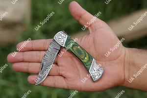 มีดพับใบดาบเหล็กดามัสกัสแบบสั่งทำพิเศษ รองรับ OEM ปรับแต่งได้ ด้ามจับไม้ปักก้าสลักลาย - Product Image 2