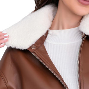 Veste en cuir pour femmes, blouson court en cuir d'agneau, col Sherpa amovible, fermeture éclair sur le devant, ourlet élastique 2026 - Product Image 5