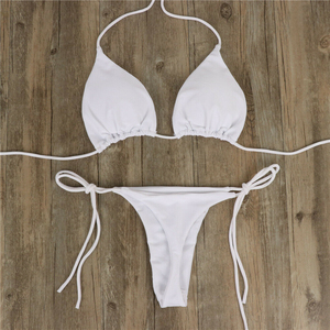 Ensemble bikini sexy pour femme, haut triangle dos nu et bas string plissé à nouer sur le côté, deux pièces, couleur unie, extensible, séchage rapide, maillot de bain pour vacances à la plage - Product Image 6
