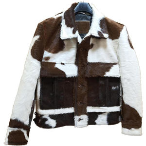 Veste en cuir véritable patchwork marron et blanc, col rabattu, écologique, style motard, doublure épaisse en coton/polyester, fermeture éclair - Product Image 1